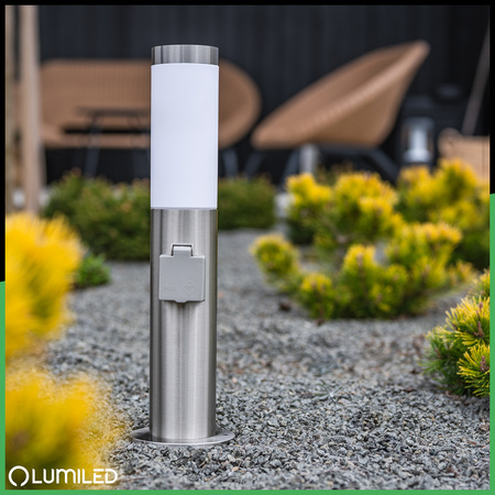Lampa Ogrodowa Zewnętrzna E27 INOX SŁUPEK 45cm z Gniazdem 230V Lilium LUMILED