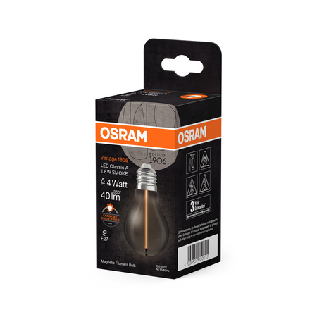 Żarówka LED Dekoracyjna A60 E27 1.8W = 4W 40lm 1800K Ciepła 320° Dymiona Filament Vintage 1906 Osram