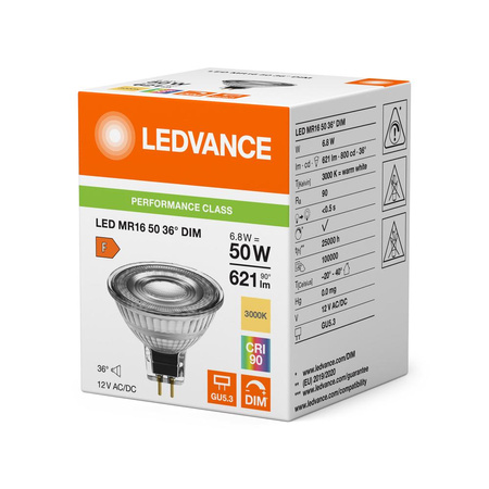 Żarówka LED Reflektor GU5.3 MR16 6.8W = 50W 621lm 3000K Ciepła 36° CRI90 12V Ściemnialna Ledvance