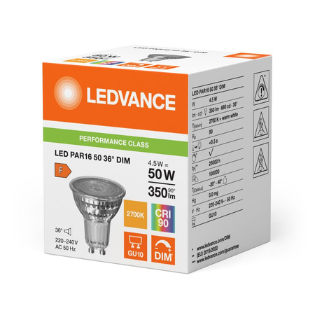 Żarówka LED GU10 4,5W = 50W 350lm 2700K Ciepła 36° Ściemnialna LEDVANCE