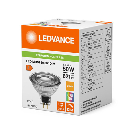 Żarówka LED Reflektor GU5.3 MR16 6.8W = 50W 621lm 2700K Ciepła 36° CRI90 12V Ściemnialna Ledvance