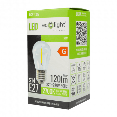 Żarówka LED Edison S14 E27 2W 120lm 2700K Ciepła FILAMENT Ecolight