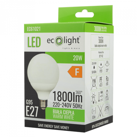 Żarówka LED Kula G95 E27 20W 1800lm 3000K Ciepła Ecolight