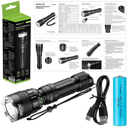 Latarka Taktyczna LED Ręczna Mocna 3-kolorowa SST40 1500lm Pro Series VA0099 Vayox