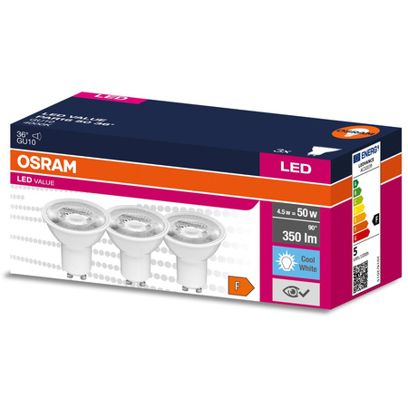 3PAK Żarówka LED GU10 4,5W = 50W 350lm 4000K Neutralna 36° OSRAM VALUE