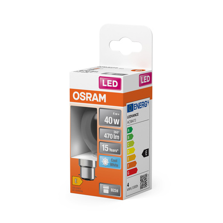 Żarówka LED P45 Kulka B22d 4W = 40W 470lm 4000K Neutralna 300° Retrofit Filament CLASSIC Osram