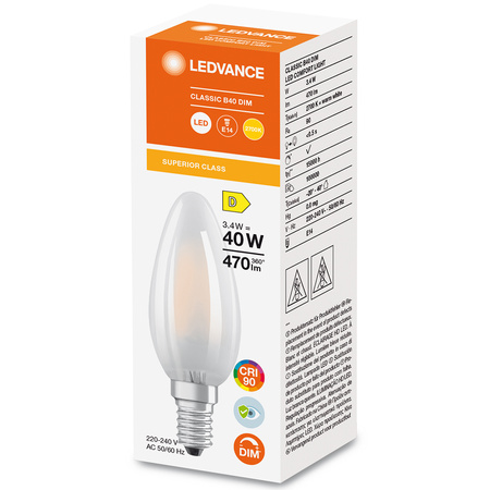 Żarówka LED E14 B40 3,4W = 40W 470lm 2700K Ciepła 300° DIM Filament LEDVANCE