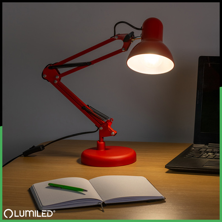 Lampka Biurkowa Kreślarska Stołowa E27 TOBI Czerwona Lumiled + uchwyt na blat