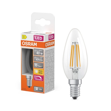 Żarówka LED B35 E14 Świeczka 3.4W = 40W 470lm 2700K Ciepła 320° Filament Ściemnialna SUPERSTAR Osram
