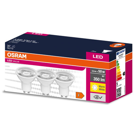 3x Żarówka LED PAR16 Reflektor GU10 4.5W = 50W 350lm 2700K Ciepła 36° VALUE Osram