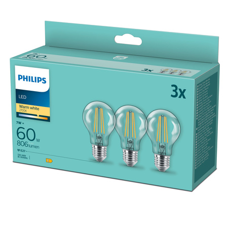 3PAK Żarówka LED E27 A60 7W = 60W 806lm 2700K Ciepła Filament PHILIPS