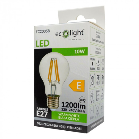 Żarówka LED A60 E27 10W 1200lm 2700K Ciepła FILAMENT Ecolight