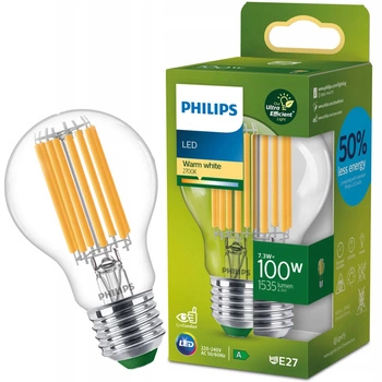 Żarówka LED E27 A60 210.3lm/W 7.3W = 100W 1535lm 2700K Ciepła Filament PHILIPS Ultra Efficient