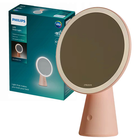 Lampka Biurkowa LED 4.5W 60lm 3000-5000K CCT USB Lusterko do Makijażu Różowe Mirror Philips