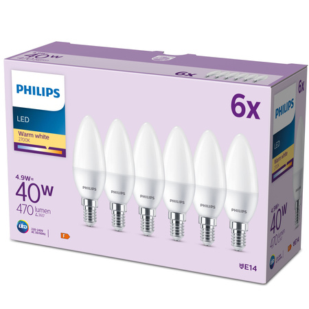 6x Żarówka LED E14 Świeczka B35 4.9W = 40W 470lm 2700K Ciepła EC Multipack Philips