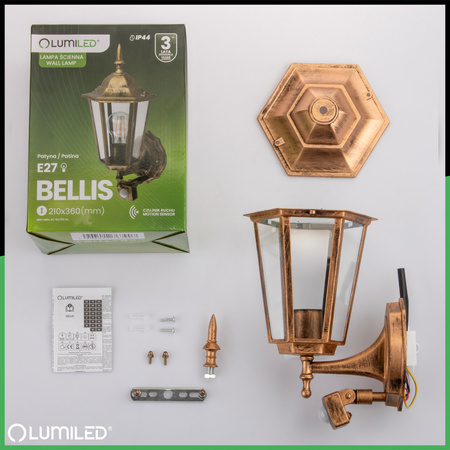 Lampa Ogrodowa Kinkiet Elewacyjny Zewnętrzny E27 LED Latarnia Czujnik Ruchu BELLIS LUMILED