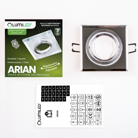 Oprawa Halogenowa Podtynkowa Lampa Sufitowa Szklana Kwadratowa Ruchoma GU10 ARIAN LUMILED