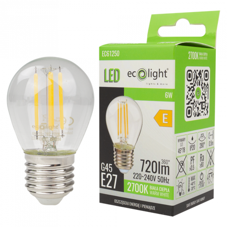 Żarówka LED Kulka P45 E27 6W 720lm 2700K Ciepła FILAMENT Ecolight