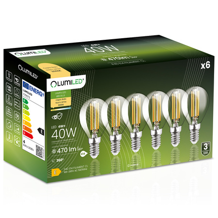 6x Żarówka LED E14 Kulka P45 4W = 40W 470lm 3000K Ciepła 360° FILAMENT LUMILED