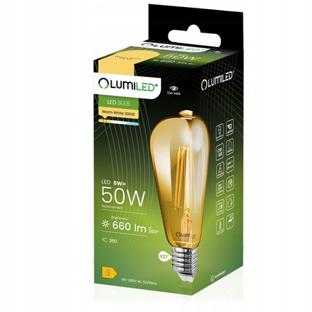 Żarówka LED E27 Edison ST64 6W = 50W 660lm 2000K Ciepła 360° FILAMENT LUMILED