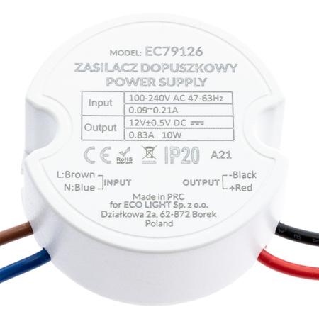 Zasilacz LED do puszki 10W fi 60 0.83A 12V DC IP20