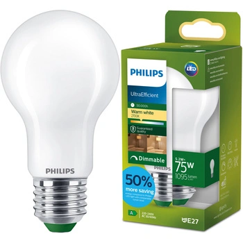 Żarówka LED E27 A60 5.2W = 75W 1095lm 212lm/W 2700K Ciepła 300° KLASA A Ściemnialna UltraEfficient Philips