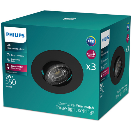 3x Oprawa Podtynkowa Wpuszczana LED 5W 550lm 4000K Neutralna Ruchoma Okrągła Czarna Ściemnialna 3-STEP SceneSwitch Cilantro Philips