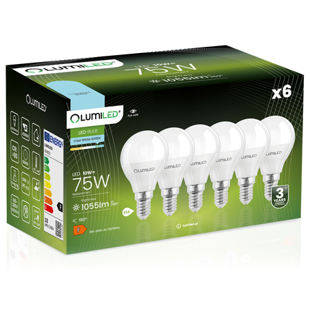 Zestaw 6x Żarówka LED E14 P40 10W = 75W 1055lm 6500K Zimna 180° LUMILED