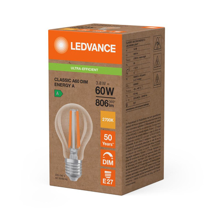 Żarówka LED E27 A60 3.8W = 60W 806lm 2700K Ciepła 320° Ściemnialna Ledvance