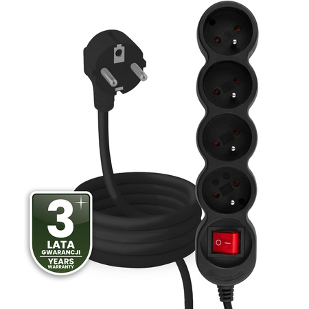 Przedłużacz Sieciowy Kabel z Uziemieniem Listwa Zasilająca 4 Gniazda 3m Włącznik ON/OFF Czarny Sznur Lendo Lumiled