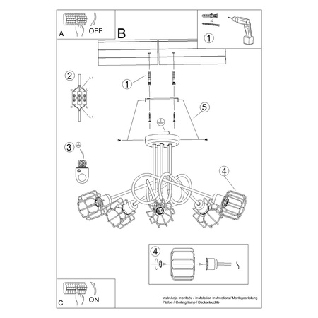 Lampa Sufitowa Wisząca 5x E14 Żyrandol Geometryczna Nieregularna Czarna Nowoczesna Beluci Sollux