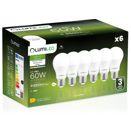 6x Żarówka LED E27 A60 8W = 60W 880lm 4000K Neutralna 260° LUMILED