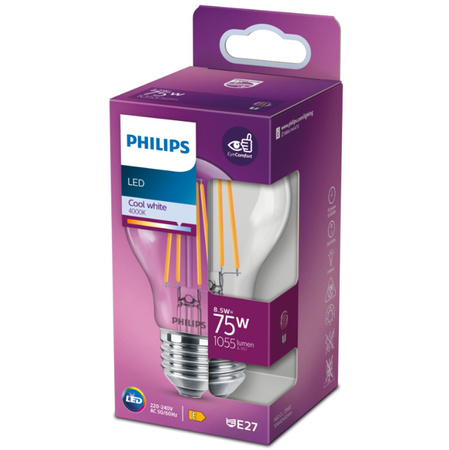 Żarówka LED E27 A60 8.5W = 75W 1055lm 4000K Neutralna Filament PHILIPS