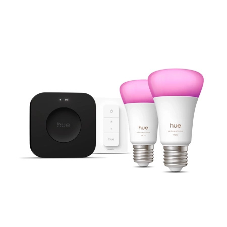2x Żarówka LED E27 A60 8.1W = 75W 1100lm CCT + RGB SMART Inteligentna Bluetooth ZigBee White and Color Ambiance + Mostek Bridge PRO + Regulator Pilot Philips HUE