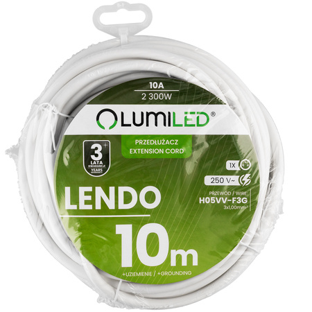 Przedłużacz Sieciowy Kabel z Uziemieniem Listwa Zasilająca 1 Gniazdo 10m Biały Sznur Lendo Lumiled