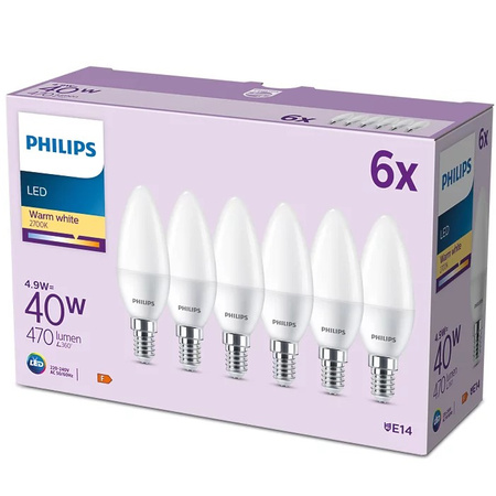 Zestaw 6x Żarówka LED Świeczka E14 B35 4.9W = 40W 470lm 2700K Ciepła Matowa PHILIPS