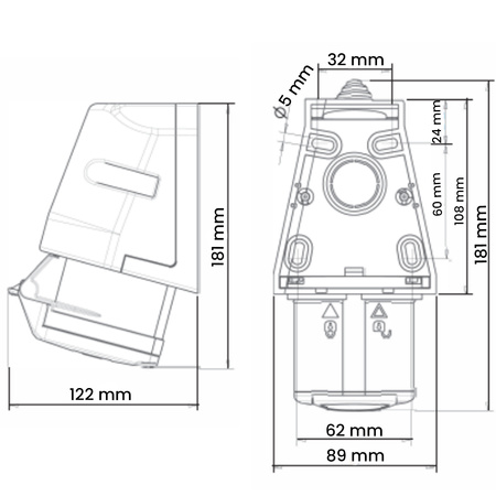Gniazdo Siłowe Stałe 32A 400V 5P IP44 Natynkowe Hermetyczne z Klapką