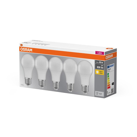 5x Żarówka LED A60 E27 8W = 60W 806lm 2700K Ciepła 150° BASE Osram