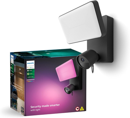 Naświetlacz LED Lampa 30.5W 2250lm IP44 White and Color Ambiance RGB + TW Czarna z Kamerą Zewnętrzną IP 1080p Full HD CMOS Inteligentna SMART Zigbee Secure Floodlight Camera Philips HUE