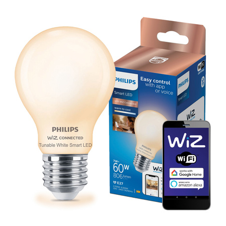 Żarówka LED E27 A60 7W = 60W 806lm 2700-6500K TW FILAMENT Inteligentna SMART WiFi Bluetooth Aplikacja WiZ Philips