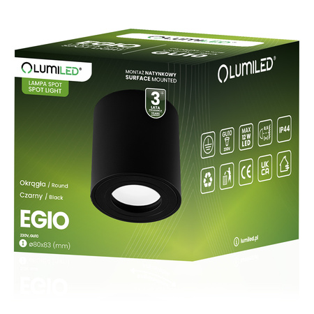 Oprawa Natynkowa HALOGENOWA Spot Tuba Stała EGIO GU10 LUMILED Okrągła IP44 Hermetyczna Czarna 83mm