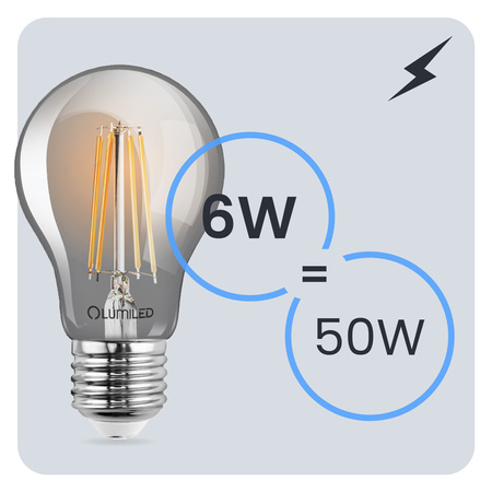 Zestaw 6x Żarówka LED A60 E27 6W = 50W 660lm 2200K Ciepła 360° Filament Dymiona LUMILED Smokey