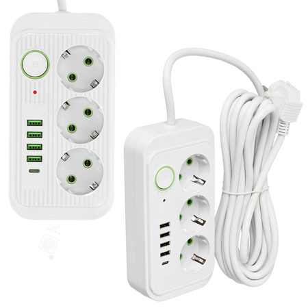 Przedłużacz KOBI LINEA PRO 3x230V 5m Uziemienie Wyłącznik 5xUSB Biały