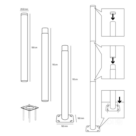 Słup Oświetleniowy Składany do Opraw Zewnętrznych SG 3m Fi 60mm Czarny Kobi