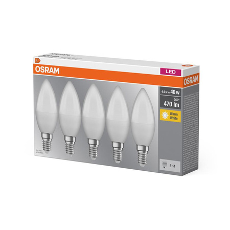 5x Żarówka LED B37 Świeczka E14 4.9W = 40W 470lm 2700K Ciepła 180° BASE Osram