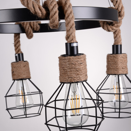 Lampa Wisząca Sufitowa ROPE ALEGRA 4x E27 Żyrandol Loft Stal + Sznur Czarna GOLDLUX (Polux)