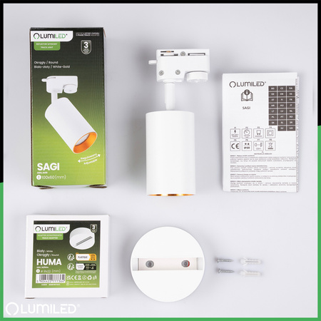 ZESTAW LUMILED SZYNA HUMA BIAŁY + REFLEKTOR SZYNOWY SAGI BIAŁO-ZŁOTY