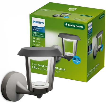 Kinkiet Ogrodowy Lampa Zewnętrzna Elewacyjna LED 4.3W 800lm 2700K Ciepła IP44 Antracyt z Czujnikiem Zmierzchu UltraEfficient Nuvy Philips