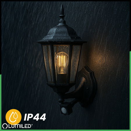 Lampa Ogrodowa Kinkiet Elewacyjny Zewnętrzny E27 LED Latarnia Czujnik Ruchu BELLIS Czarna LUMILED