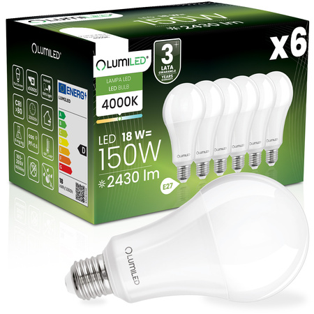 6x Żarówka LED E27 A70 18W = 150W 2430lm 4000K Neutralna 260° LUMILED